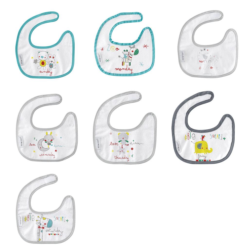 Pack 7 Baberos Bordados de Rizo  100% Algodón Semanario Basics